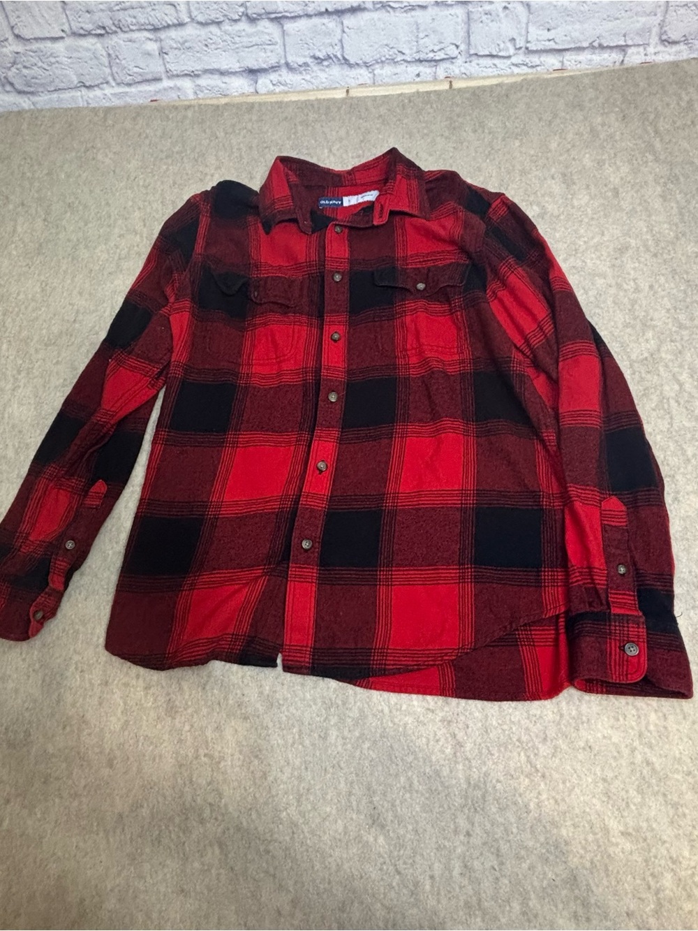 Mens Red Black Plaid Button-Front Shirt Flannel